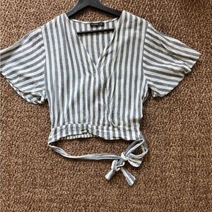 Cotton On White and Blue Crop Tie Front Blouse